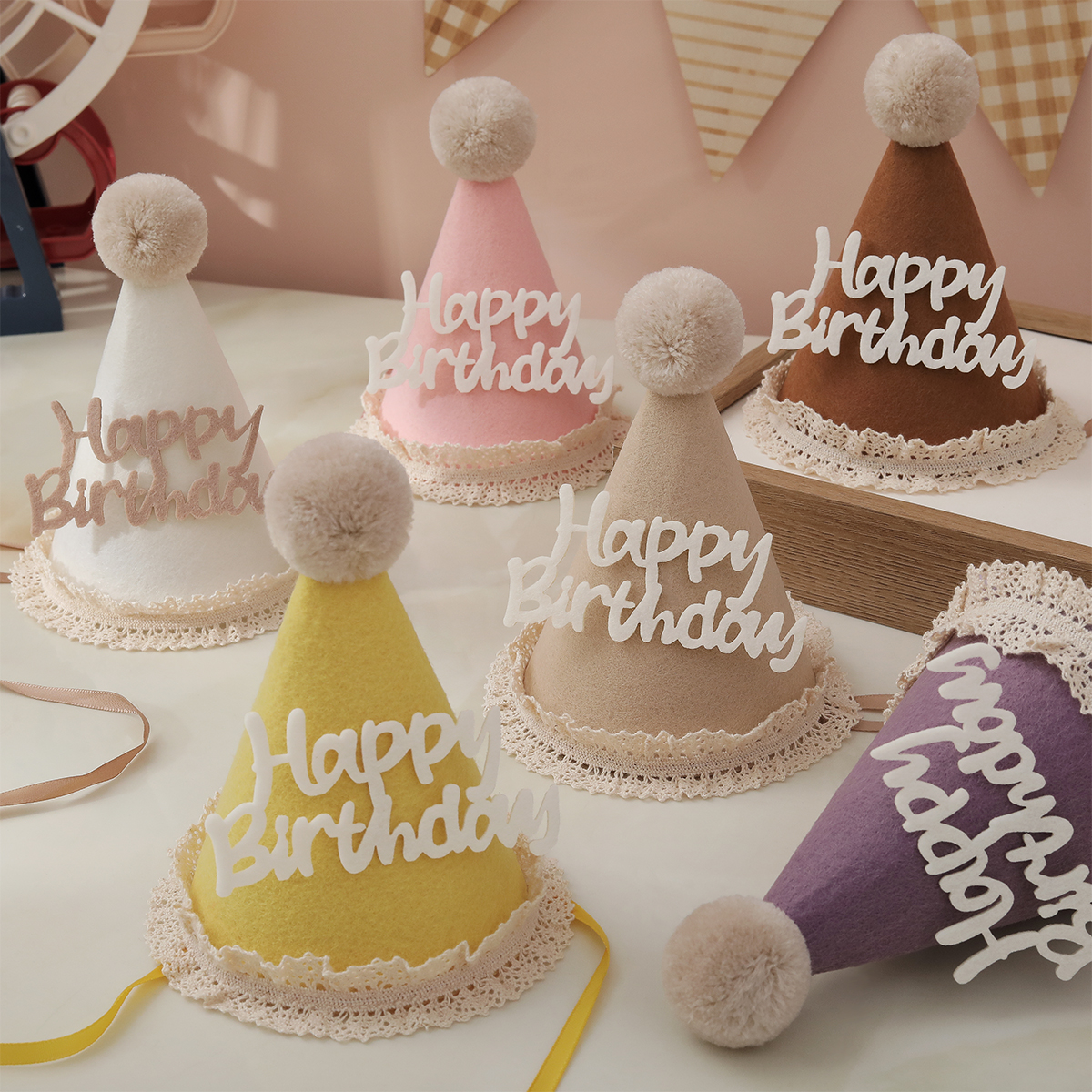 Party Hat Cone - Lace felt wool ball birthday hat