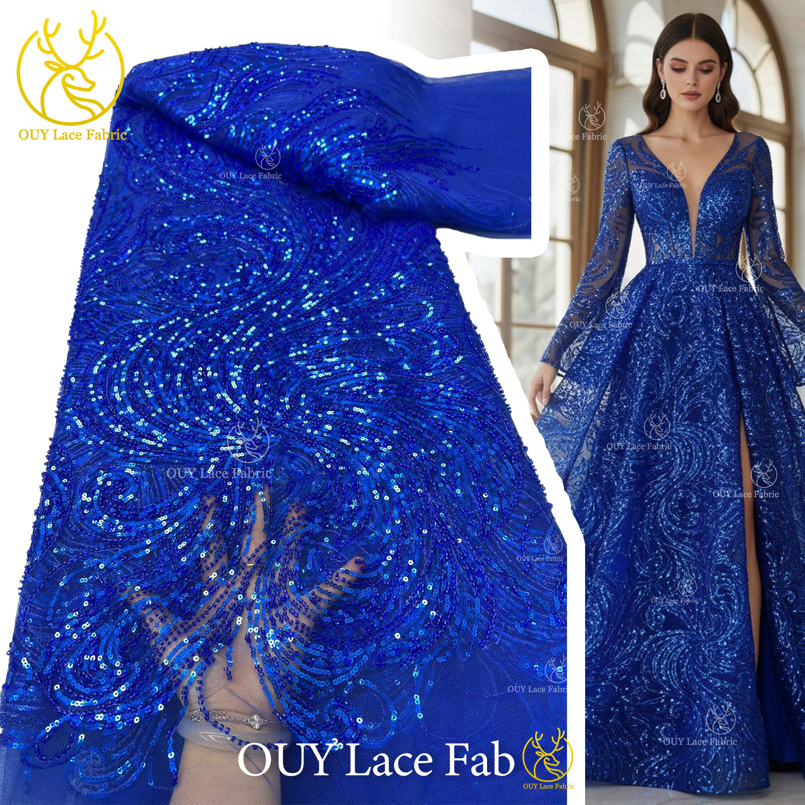 Royal Blue Beaded Sequins Lace - Glitter Tablecloth บทวิจารณ์และราคา