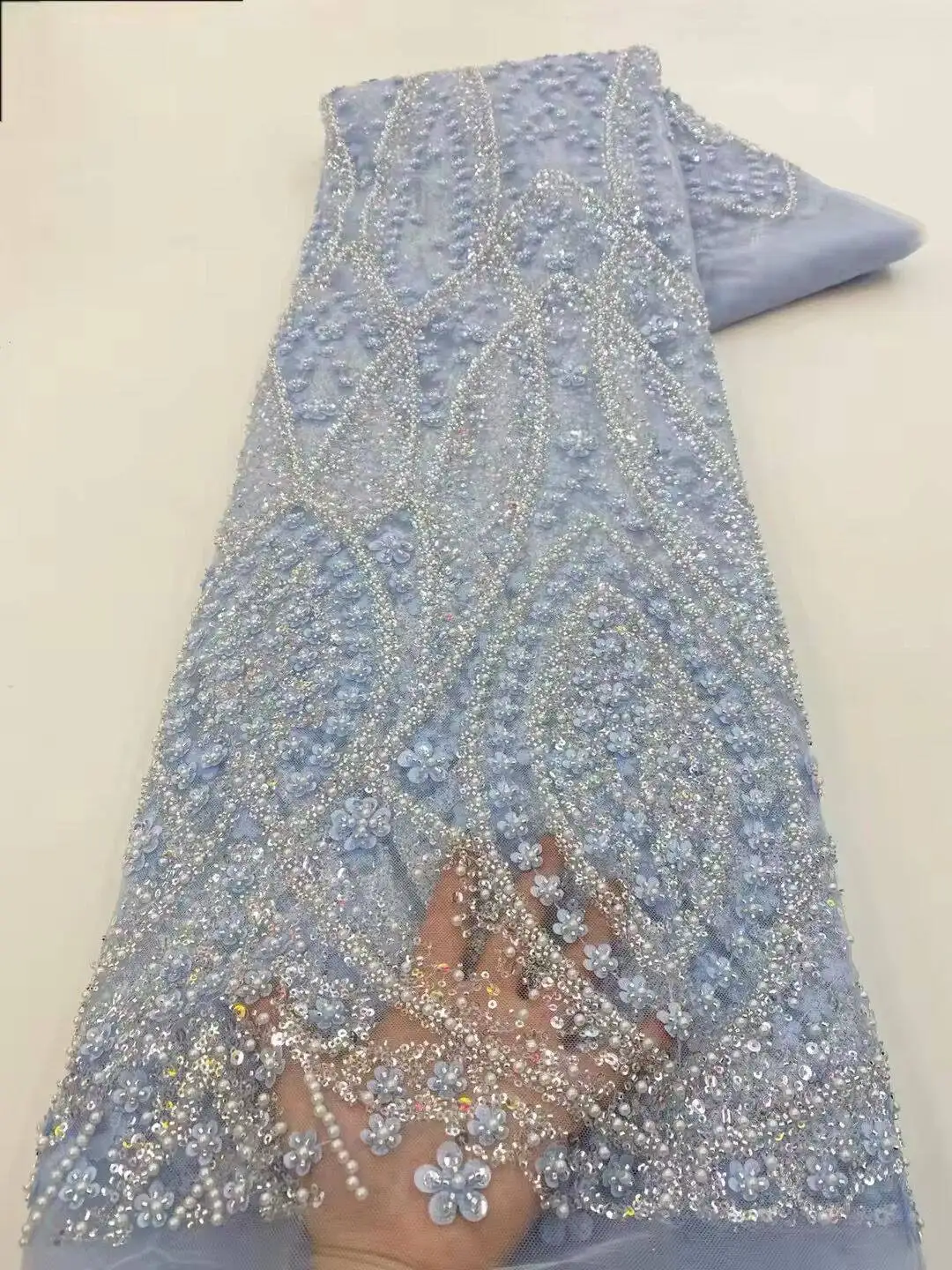 Sky Blue African Beaded Tulle  - Glitter Tablecloth บทวิจารณ์และราคา